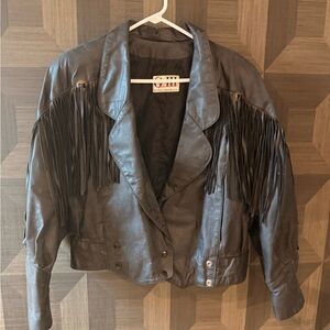 Fringed Black Leather Jacket - Women's Classic Western Style